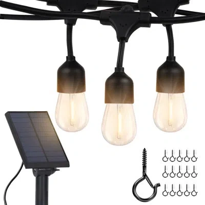 Brightech Ambience Pro 27 Ft. Solar Outdoor Patio Led String Lights With 12 Warm White S14 Bulbs, 15 Hanging H In Black