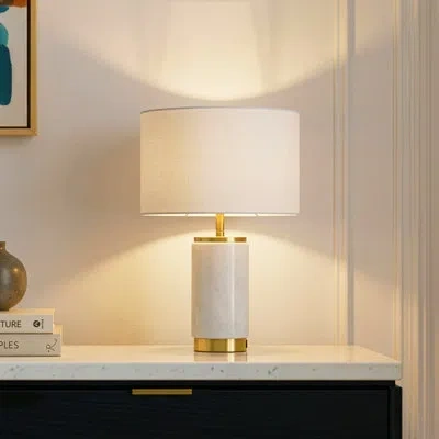 Brightech Arden 17 In. Mid-century Modern Led Table Lamp With Fabric Drum Shade And Usb Port In White