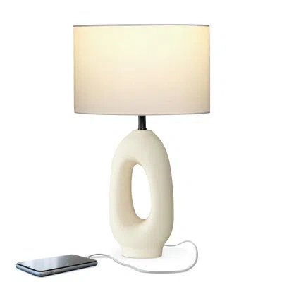 Brightech Artemis 22.5" Cream Ceramic Led Table Lamp - Coastal Charm With Cotton Shade & Usb-c Port In Neutral