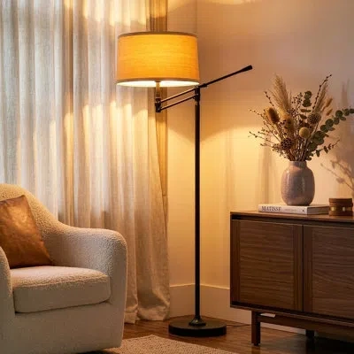 Brightech Ava 61 In. Mid-century Modern Height Adjustable Led Floor Lamp With Fabric Drum Shade In Black