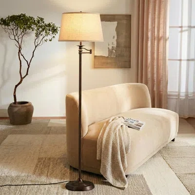 Brightech Caden 62 In. Mid-century Modern Extendable Led Floor Lamp With Fabric Drum Shade In Brown