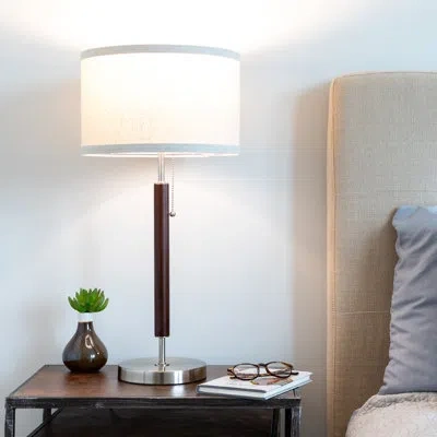 Brightech Carter 26 In. Mid-century Modern Linen And Woodgrain Led Table Lamp In Brown