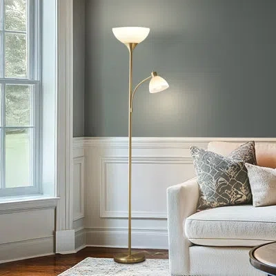 Brightech Dome Plus 72 In. Industrial 2-light 3-way Dimming Led Floor Lamp With 2 Plastic Bowl Shades In Brass