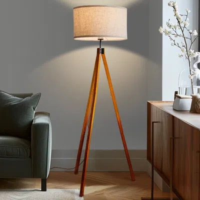 Brightech Eden 58 In. Mid Century Modern Wooden Tripod Floor Lamp With Beige Fabric Drum Shade And 3-way Dimmi In Matte