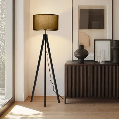 Brightech Eden 58 In. Traditional 3-way Dimming Led Floor Lamp With Fabric Drum Shade In Black