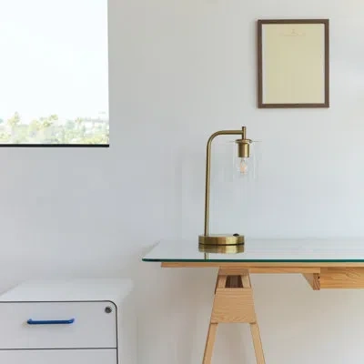 Brightech Elizabeth 16 In. Mid-century Modern Desk Lamp With Usb Port And Wireless Charging Pad In Gold