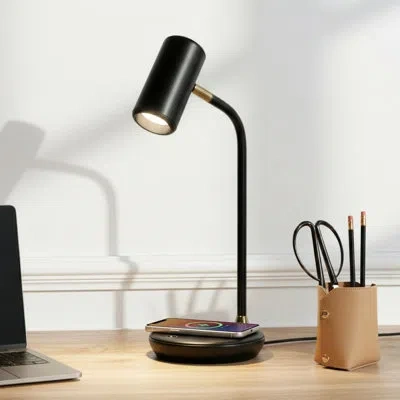 Brightech Ezra 16.5 In. Dimmable Led Industrial Desk Lamp With Wireless Charging Pad And Adjustable Lamp Head In Black