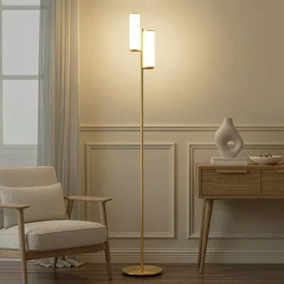 Brightech Gemini 64 In. Industrial 3-way Dimming Gold Led Floor Lamp With Glass Cylinder Shades In Polished