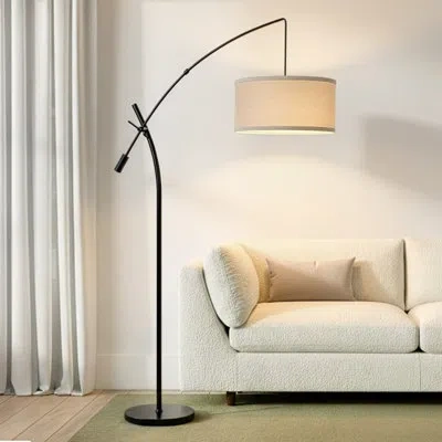 Brightech Grayson 84 In. Mid-century Modern Height-adjustable Led Arched Floor Lamp With Beige Fabric Drum Sha In Black