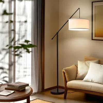 Brightech Hudson 70 In. Modern Height-adjustable Led Tall Standing Floor Lamp With Beige Fabric Drum Shade In Black