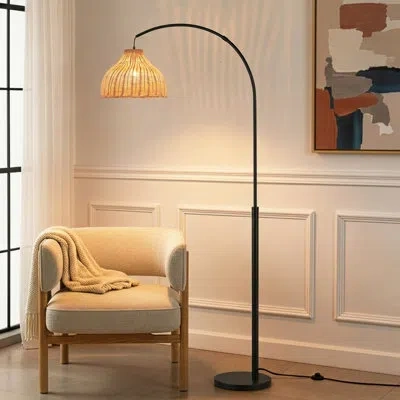 Brightech Lark 75 In. Weighted Base Led Arched Standing Floor Lamp With Boho Rattan Shade In Matte Black