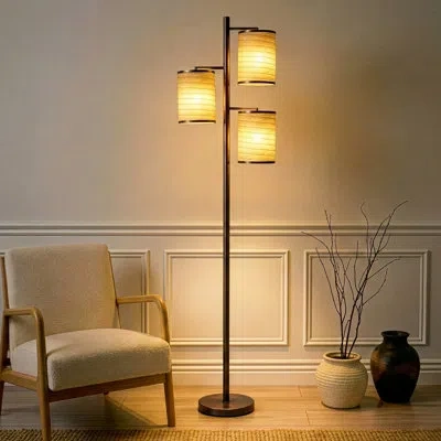 Brightech Liam 74 In. Mid-century Modern 3-light Led Floor Lamp With Fabric Drum Shades In Bronze