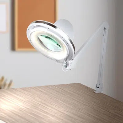 Brightech Lightview Pro 33 In. Adjustable Swing Arm Integrated 2.25x Magnifying Dimmable Led Desk Clamp Lamp In White
