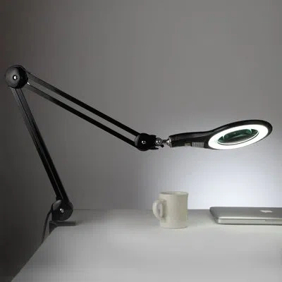Brightech Lightview Pro 33 In. Adjustable Swing Arm Integrated 2.25x Magnifying Led Desk Clamp Lamp In Black