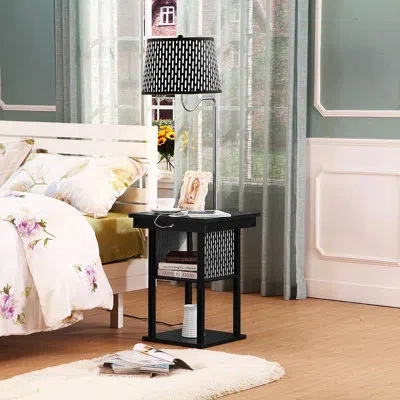 Brightech Madison 56 In. Modern Led Bedside Table Lamp With Fabric Drum Shade And Built-in Usb Port In Black