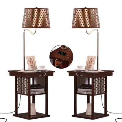 Brightech Madison 56 In. Modern Led Bedside Table Lamp With Fabric Drum Shade And Built-in Usb Port - Bundle S In Brown,brown