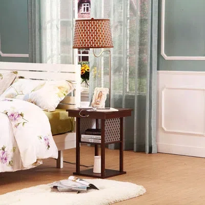 Brightech Madison 56 In. Modern Led Bedside Table Lamp With Fabric Drum Shade And Wireless Charging Pad In Brass
