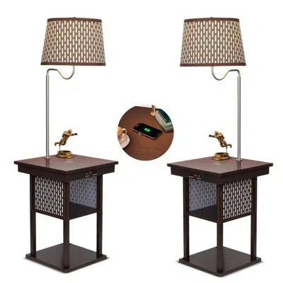Brightech Madison 56 In. Modern Led Bedside Table Lamp With Fabric Drum Shade And Wireless Charging Pad - Bund In Brown