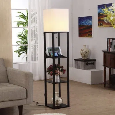 Brightech Maxwell 63 In. 3-shelf Usb-charging Led Floor Lamp With Fabric Square Shade In Black,beige