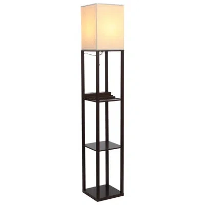 Brightech Maxwell 63 In. Usb Charging Led 3-shelf Floor Lamp With Beige Fabric Square Shade In Brown