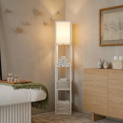 Brightech Maxwell 63" Modern Led Shelf Floor Lamp With White Finish, 3 Tiers, And Fabric Square Shade, Bulb In