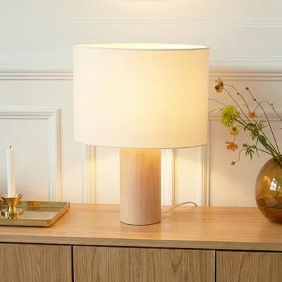 Brightech Mia 15.75" Midcentury Led Table Lamp With Natural Maple Wood Base And Fabric Shade In Brown