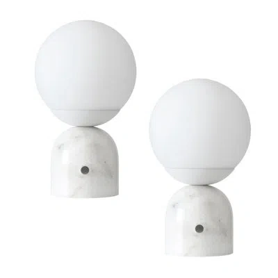 Brightech Mila 9.85 In. Mid-century Modern Led Bedside Table Lamp With Black Marble And Frosted Globe Shade -  In White