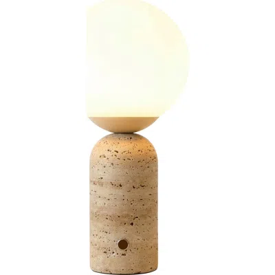 Brightech Mila Tall 16" Led Travertine Stone Bedside Table Lamp With Frosted Glass Globe And Built-i In Brown
