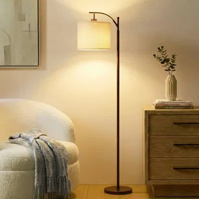Brightech Montage 62 In. Traditional Led Arched Standing Floor Lamp For Living Room With Fabric Drum Shade In Brown