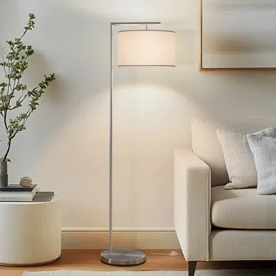 Brightech Montage Modern 60 In. Unique Standing Mid Century Modern Floor Lamp With Fabric Drum Shade - Led Bul In Silver,white