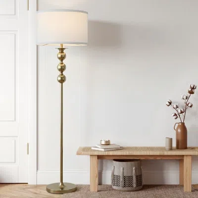 Brightech Riley 60 In. Mid-century Modern Led Energy Efficient Floor Lamp With Fabric Drum Shade In Brass