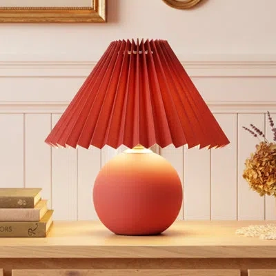 Brightech Serena 10" Ceramic Led Table Lamp - Retro Inspired Globe Base With Pleated Shade In Red