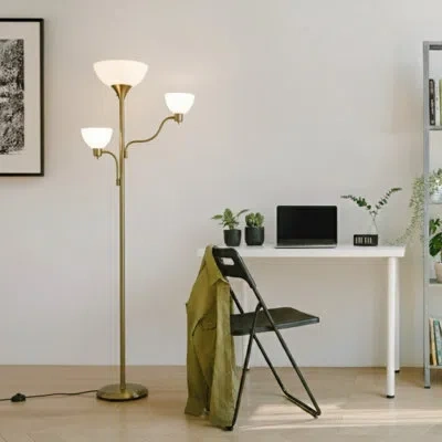 Brightech Sky Dome Double 72 In. Industrial 3-way Dimming Led Floor Lamp With 3 Versatile Adjustable Bowl Shad In Brass