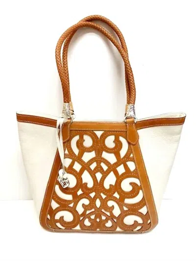 Brighton Genevieve Laser Cut Leather Satchel Purse In Cream In Multi