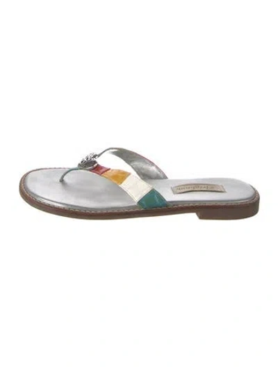 Pre-owned Brighton Leather Colorblock Pattern Flip Flops In Silver