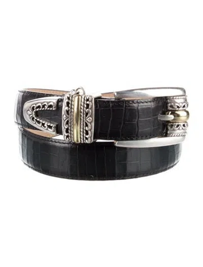 Pre-owned Brighton Skinny Embossed Leather Belt In Black