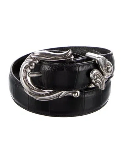 Pre-owned Brighton Skinny Embossed Leather Belt In Black
