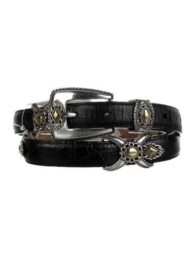 Pre-owned Brighton Skinny Embossed Leather Belt In Black