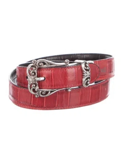 Pre-owned Brighton Skinny Embossed Leather Belt In Black/red