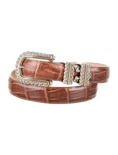 Pre-owned Brighton Skinny Embossed Leather Belt In Brown