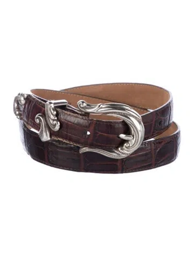 Pre-owned Brighton Skinny Embossed Leather Belt In Brown