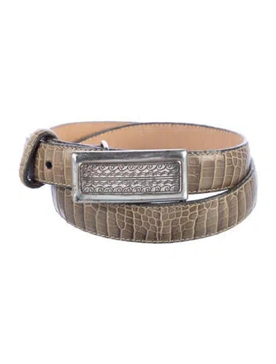 Pre-owned Brighton Skinny Embossed Leather Belt In Green