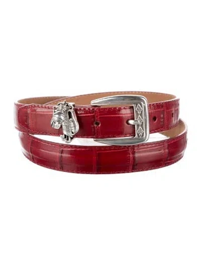 Pre-owned Brighton Skinny Embossed Leather Belt In Red