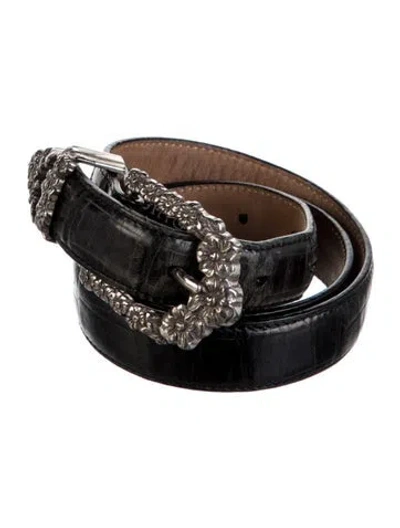 Pre-owned Brighton Skinny Embossed Leather Waist Belt In Black
