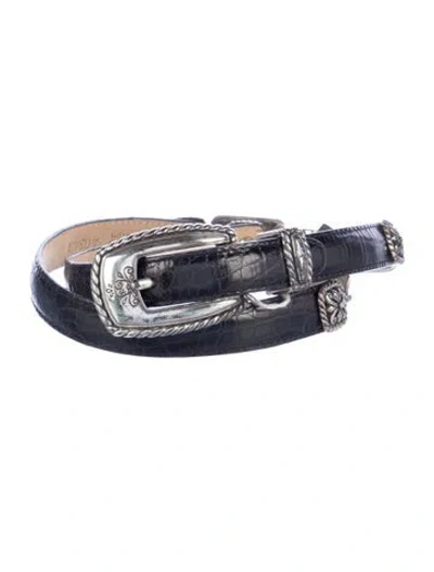 Pre-owned Brighton Skinny Embossed Leather Waist Belt In Black