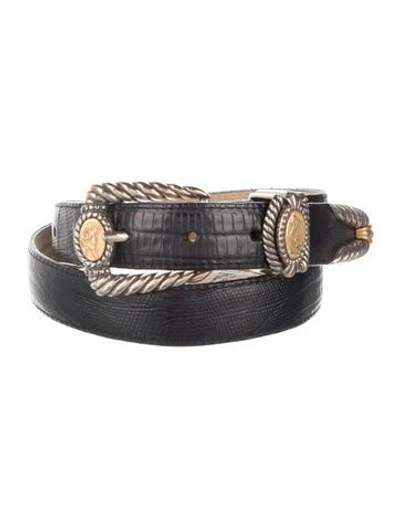 Pre-owned Brighton Skinny Embossed Leather Waist Belt In Black