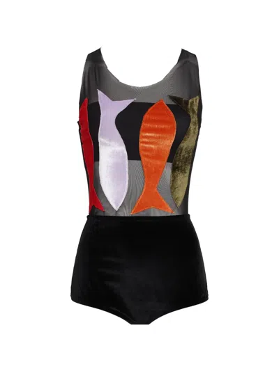 Brigitte Carnaval/festival Sardinhas Fish-appliqué Swimsuit In Black