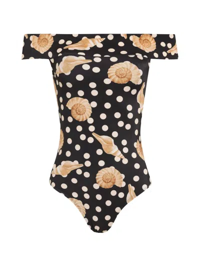 Brigitte Debora Polka-dot Seashell-print Swimsuit In Black