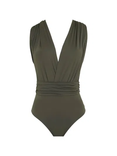 Brigitte Draped-detail V-neck Swimsuit In Green