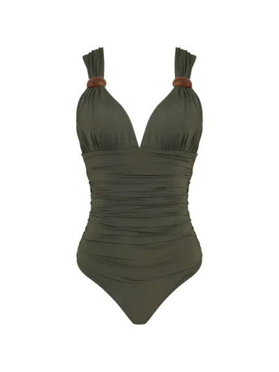 Brigitte Eli Ruched Ring-detail Swimsuit In Green